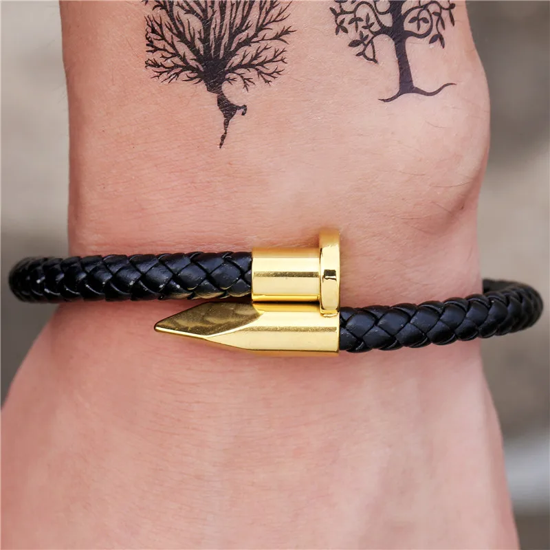 

2021 Sailing Jewelry Stainless Steel Nail Head Braided Cowhide Bracelet Punk Stainless Steel Nail Bracelet