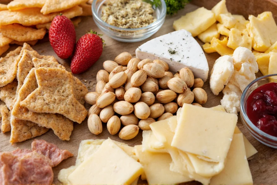 Gourmet cheese board featuring salt and pepper pistachios alongside various cheeses and accompaniments