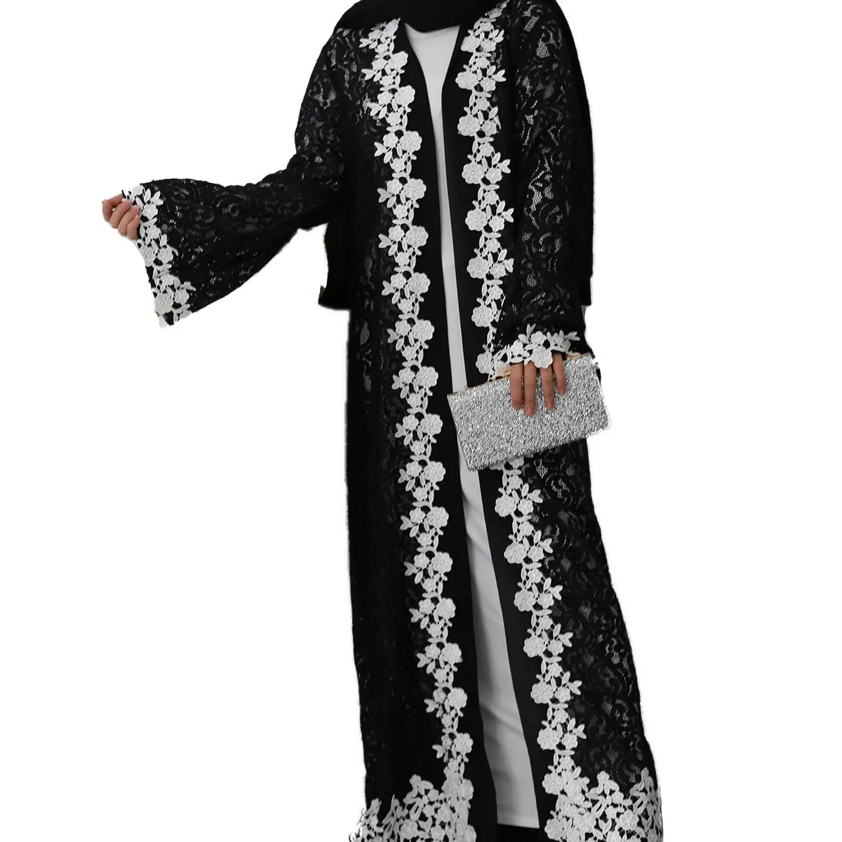 

20406-MX39 hollow out lace spliced Muslim Abaya dresses women sehe fashion