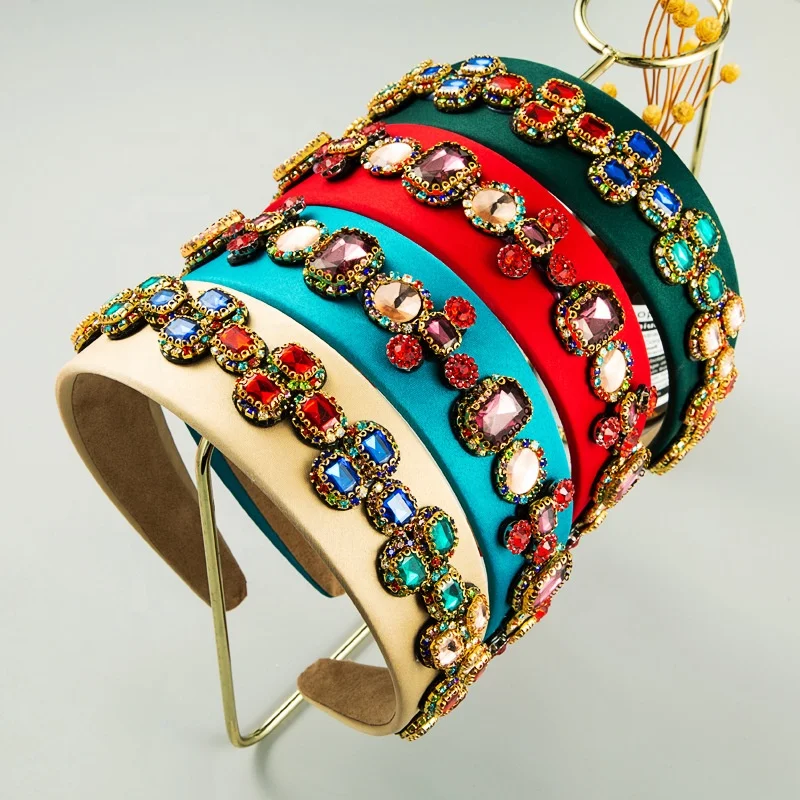 

Baroque Multi Color Crystal Headband for Woman Vintage Geometric Crystal Solid Color Fabric Hairband Woman Headpieces, Picture shows