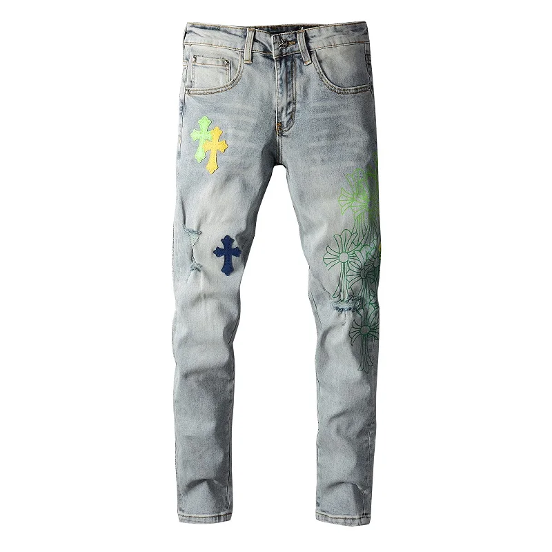 

Fashion New Design custom Chrome Hearys paris Hot-sell ripped vintage Elastic Breathable Long Pants Men's Denim jeans