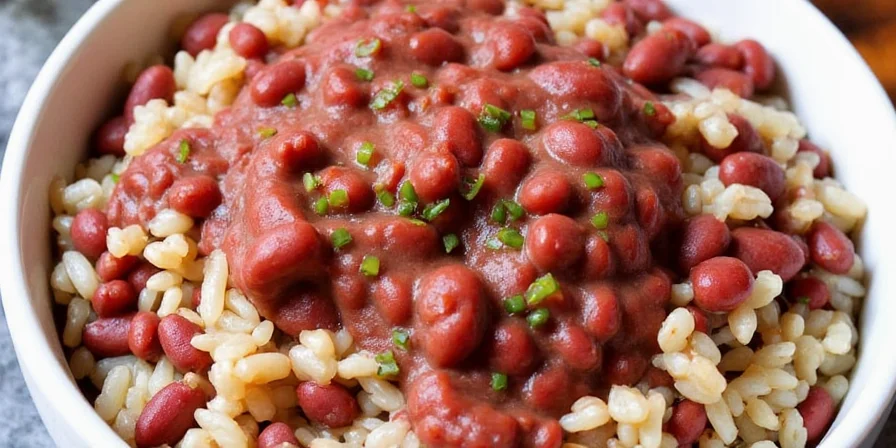 Plated red beans and rice with a side of cornbread and pickled vegetables