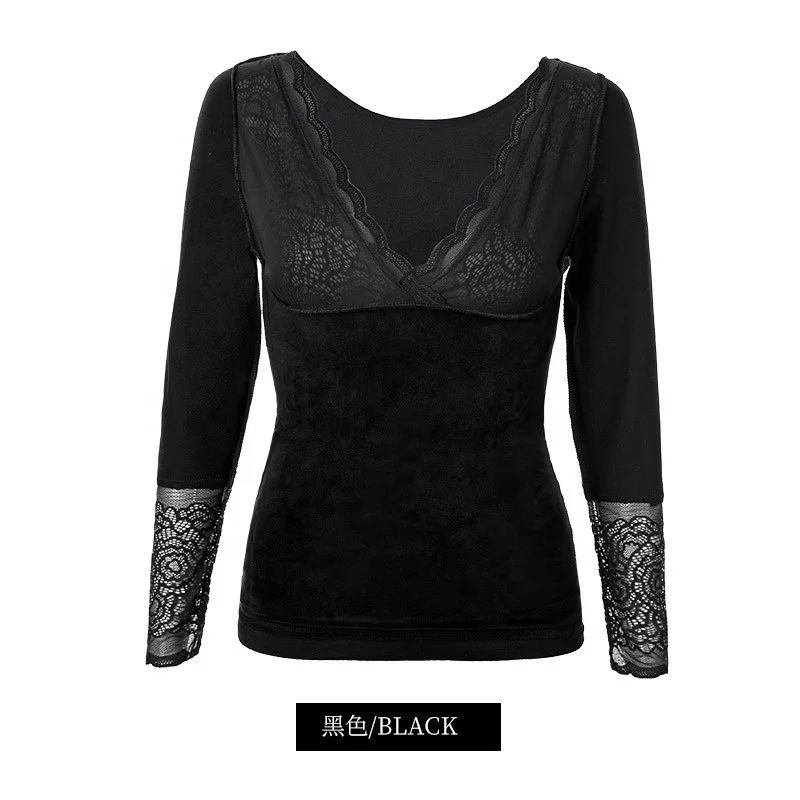 
Womens v-neck long sleeves thickening warm ladies lace heating thermal underwear 