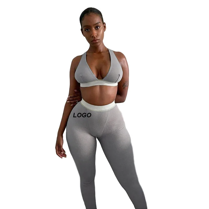 

Custom 2020 hot sell women deep V-neck sexy vest bra sportswear newest slim leggings workout sets fashion fitness gym outfit