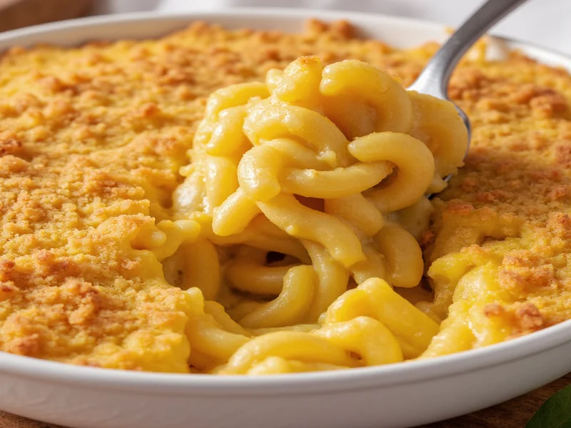 Golden baked macaroni and cheese with crispy breadcrumb topping