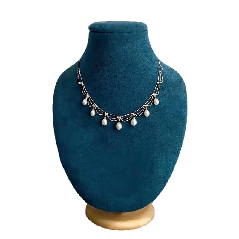 Vintage Natural Freshwater Pearl Necklace Copper Plated 14k Gold Lace Fringe Clavicle Chain Female