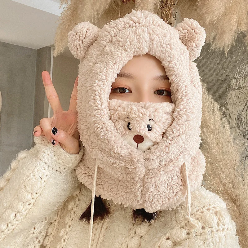 

H23 Women Knitted Beanie Hats Winter Hooded Beanie Hat Cute Bear Faux Cashmere Acrylic Ski Skull Cap with Face Mouth Cover