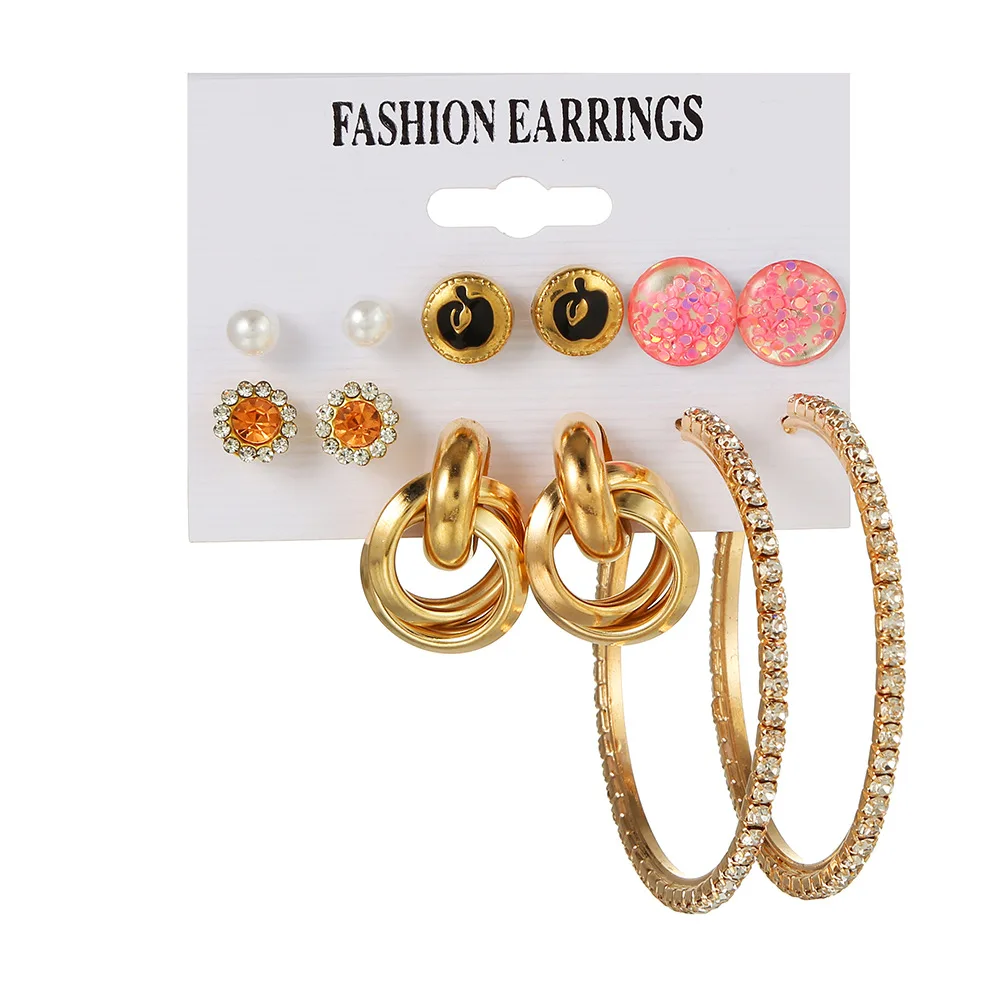

2021 New Fashion Geometric Rounded Rhinestone Pearl Earring Set For Women Jewelry
