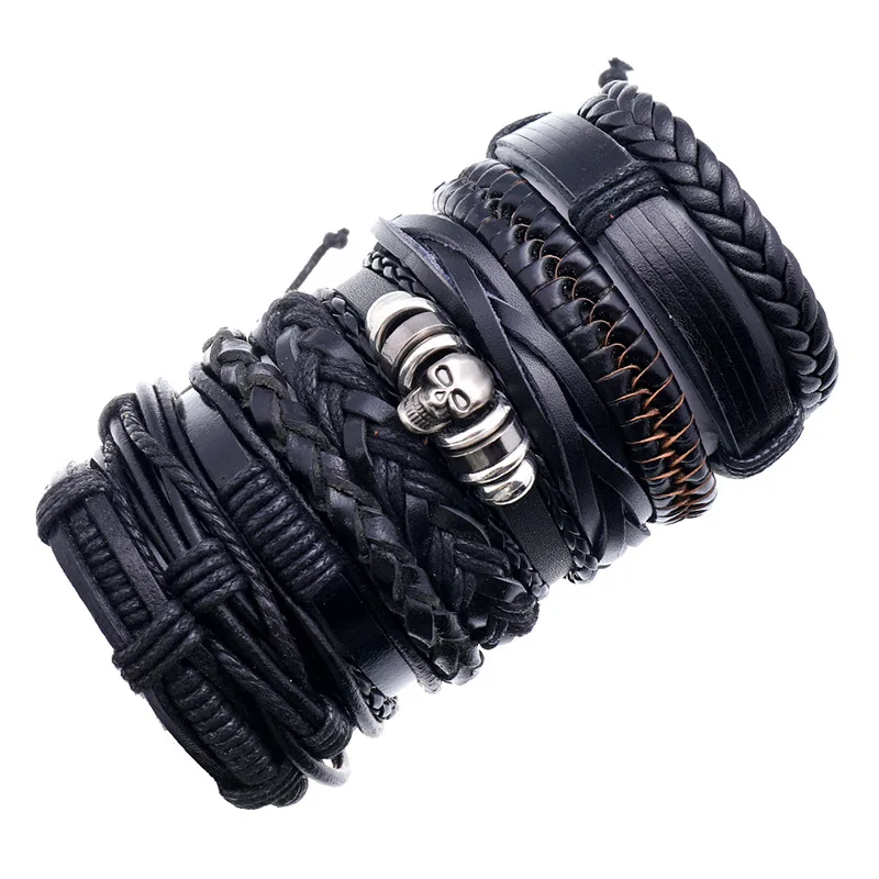 

Europe Hot Selling Rock Skull Bracelet Handmade Vintage Leather Rope Bracelet Set DIY Style Stocks Sell Men's Fashion Jewelry