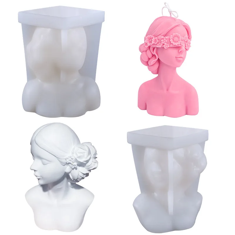 

2022 New design colorful rubber chocolate cake mould silicone 3d ice mould beautiful head flower girl candle mold