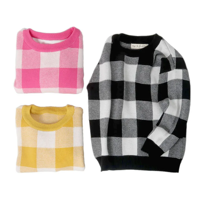 

Boys and girls cotton knit sweater classic plaid round neck sweater