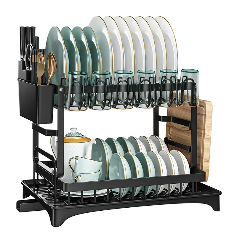 Shelf Organizer Holder Double Layer Iron Drainer Dish Plate Storage with Wine Glass Rack Tableware Black for Kitchen Over Sink