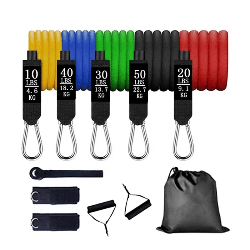 

High Quality 150 lb 11Pcs Tube Resistance Bands Set with Handles, Yellow green red blue black