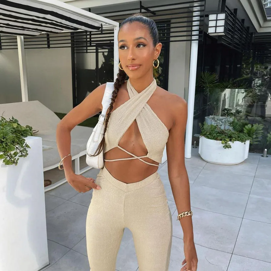 

Nibber K20S10915 Elegant 2 Piece Set Women Cross Bandage Crop Top Straight Pants Casual Outfit Streetwear Suits Wholesale Custom