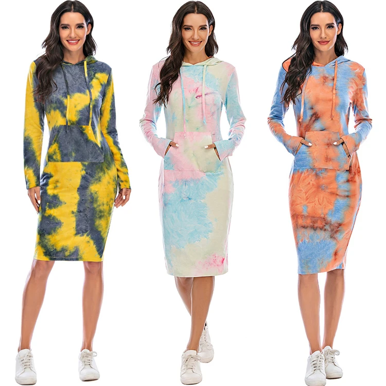 

Plus size women's tie dye hoodies dress women's Long sleeve tie dye sweatshirt dress, Picture color