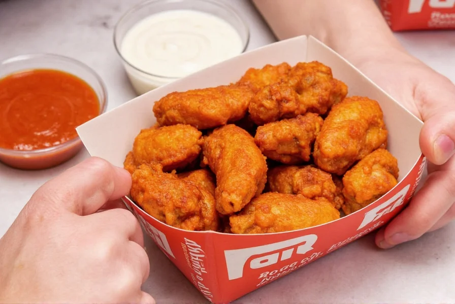 Two hands holding a paper tray of Popeyes Ghost Pepper Wings next to a small cup of ranch dressing for dipping, showing the vibrant sauce color against the restaurant's signature red and white packaging