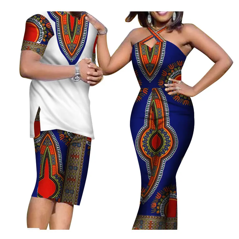 

Summer African Print Men Women Bazin Riche Dashiki 2 Pieces Lover Couples Clothes Top and Pants Sets for Couple Clothing WYQ81