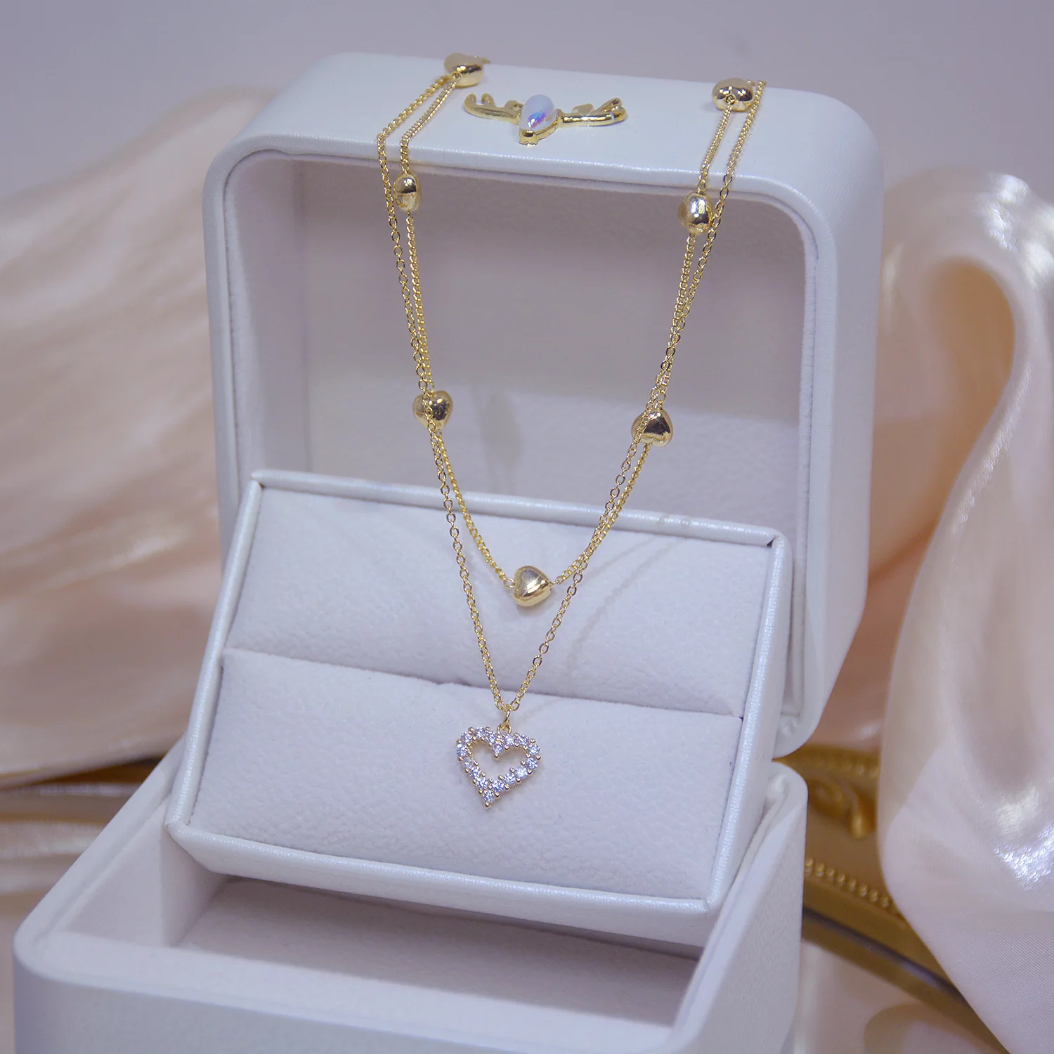 

Fall Jewelry 18k Real Gold Double Layer Heart Necklace Iced Out Bling Cubic Zircon Clavicle Chain Heart Pendant Necklace