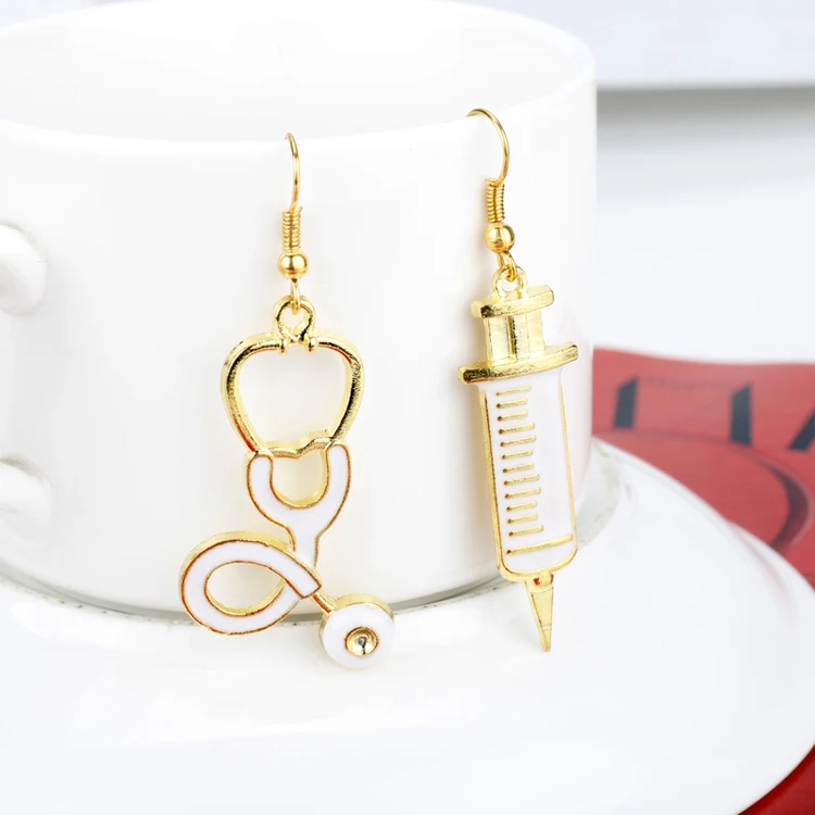 

Movie Jewelry Gold Syringe Medical Stethoscope Drop Earrings Doctor Nurse Charm Pendant Dangle Hook Earrings Drop shipping, Gold,white