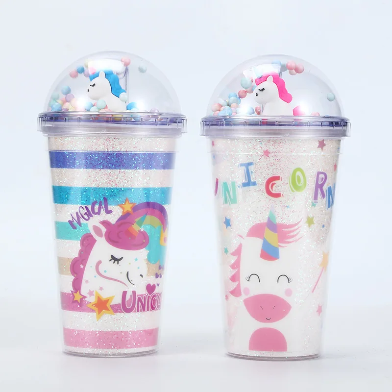 

Seaygift Personalized hot selling valentine christmas gift unicorn plastic cup with straw insulated double wall tumblers mug, Pink