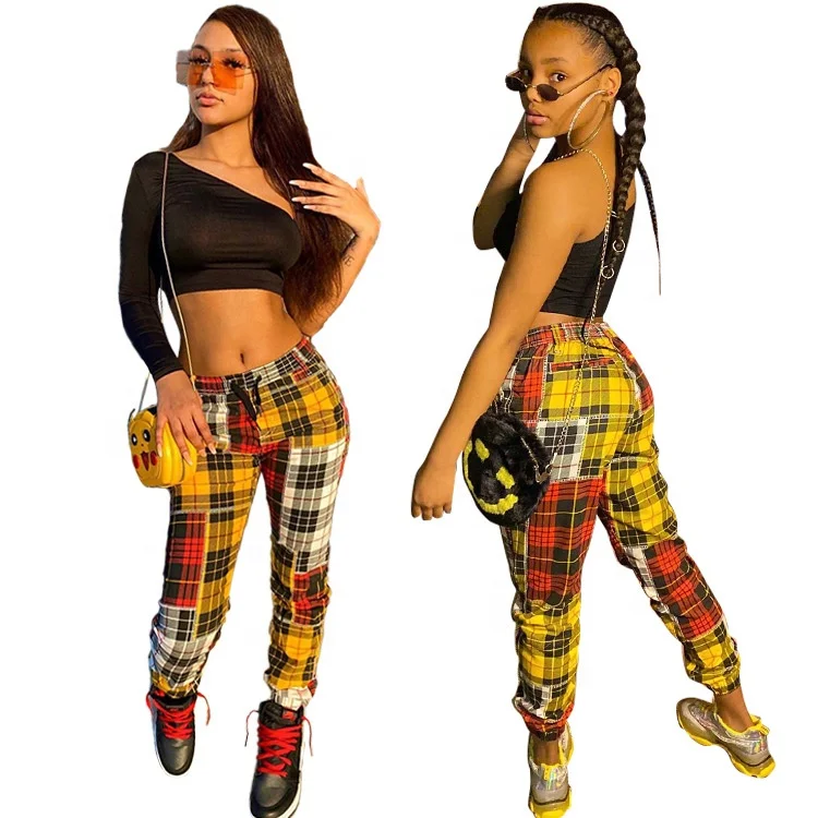 

MT154-9026 2020 new trend slim straight through color matching plaid casual trousers women clothing casual dress women