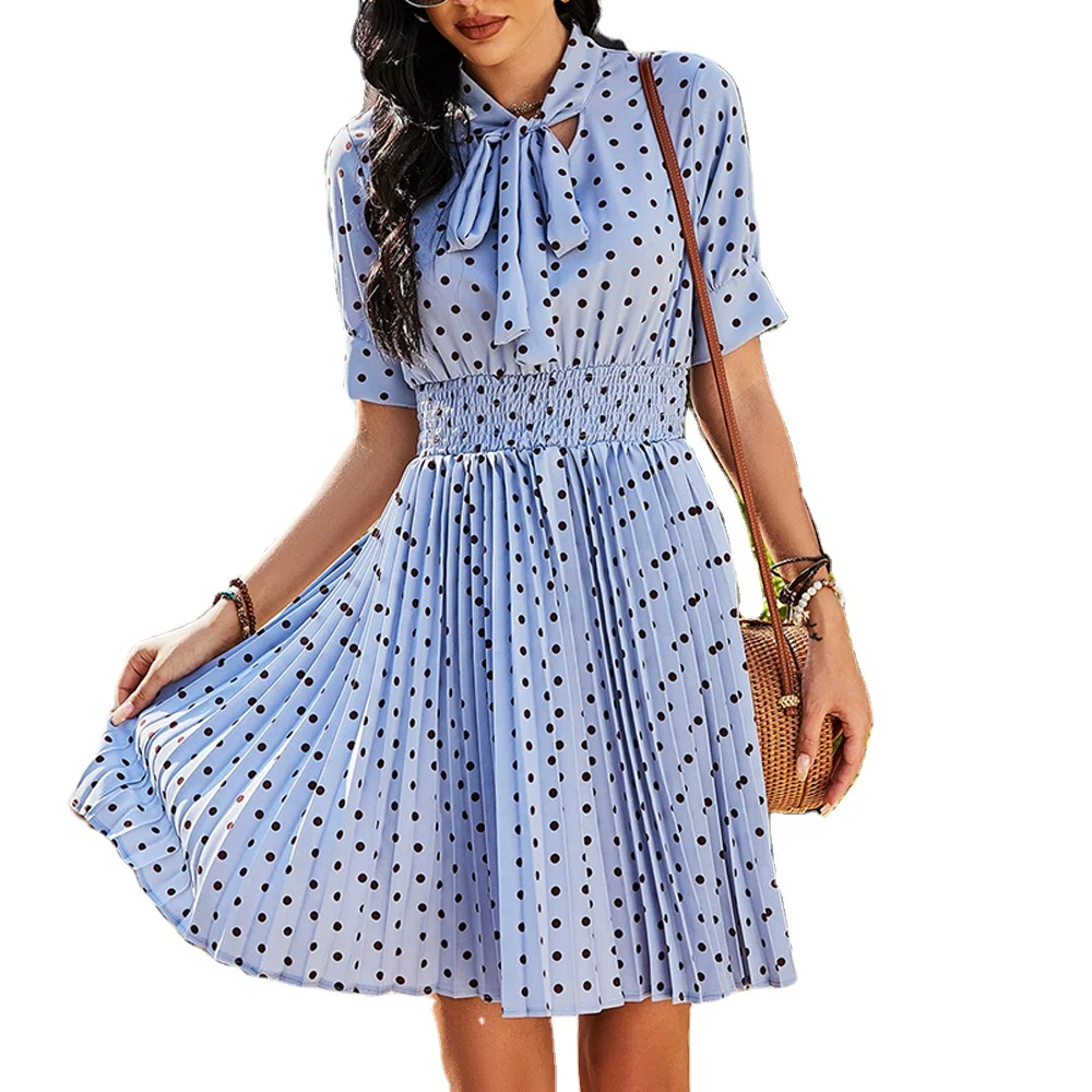 

Chiffon blue purple Polka Dot Bow Tie Waist Dress Vacation Outfits elegant casual dress for women, Blue or customized