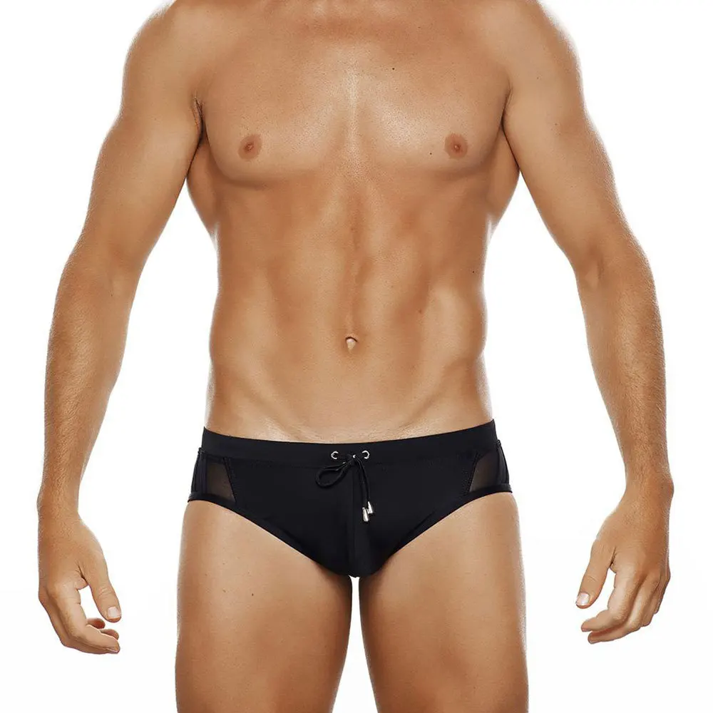 

Men's Sexy Black Side Mesh Stitching Triangle Swimming Shorts European and American Swimming Briefs Swim Trunks