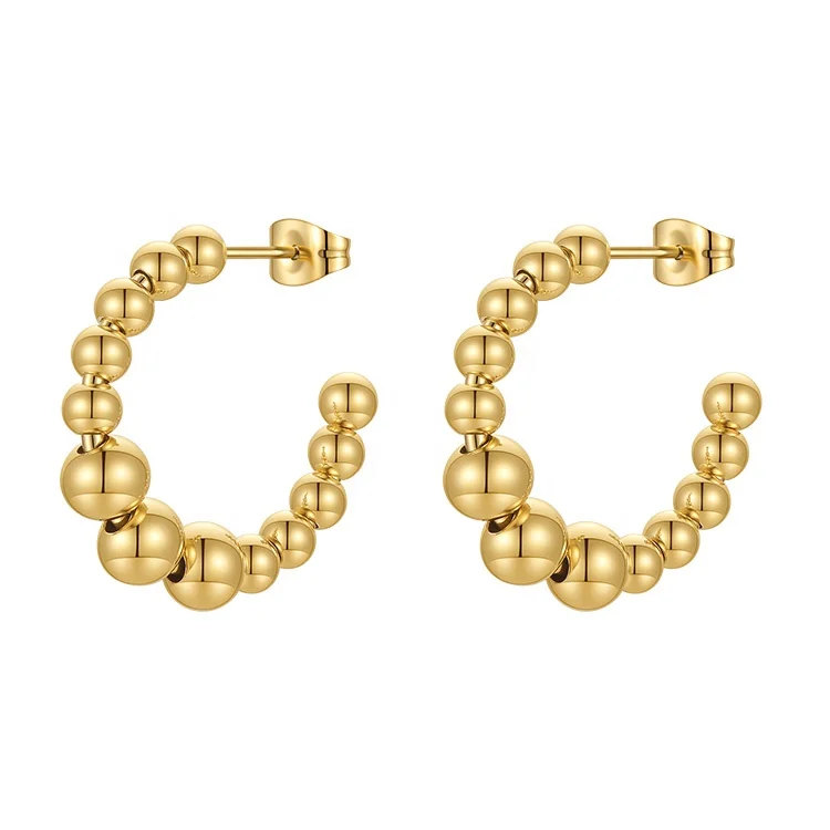 18K Gold Plated Stainless Steel Jewelry C-Shaped Steel Ball Hoop Stud Classic INS Accessories Earrings E221350