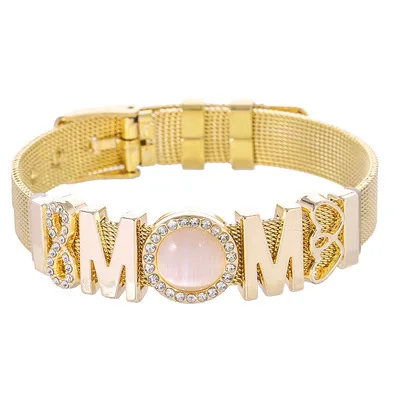 

Mother's Day Gift Stainless Steel Zircon MOM Strap Bracelet Crystal CZ Letter Watchband Bracelet Bangle For Women