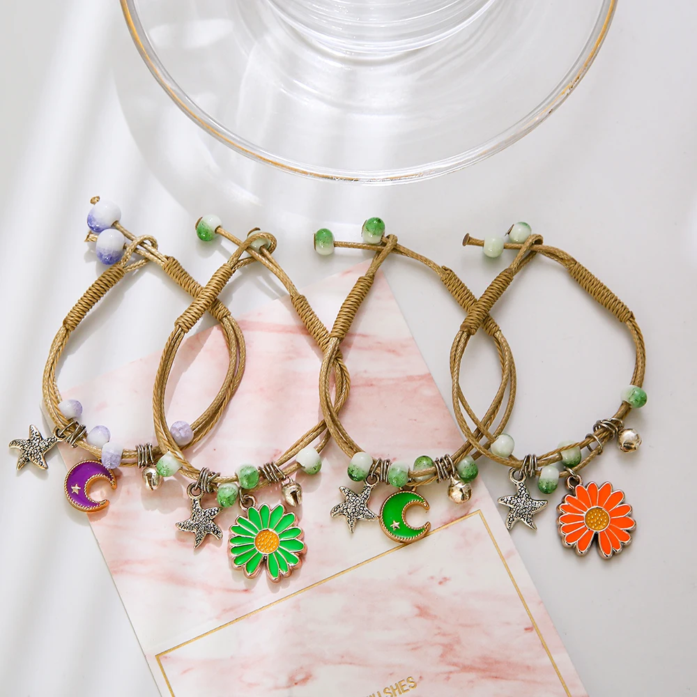 

Alloy ceramic braided bracelet multiple colour flower moon pendant Handmade for Child Women Student Sweet Cute Hand Rope Jewelry, As shown