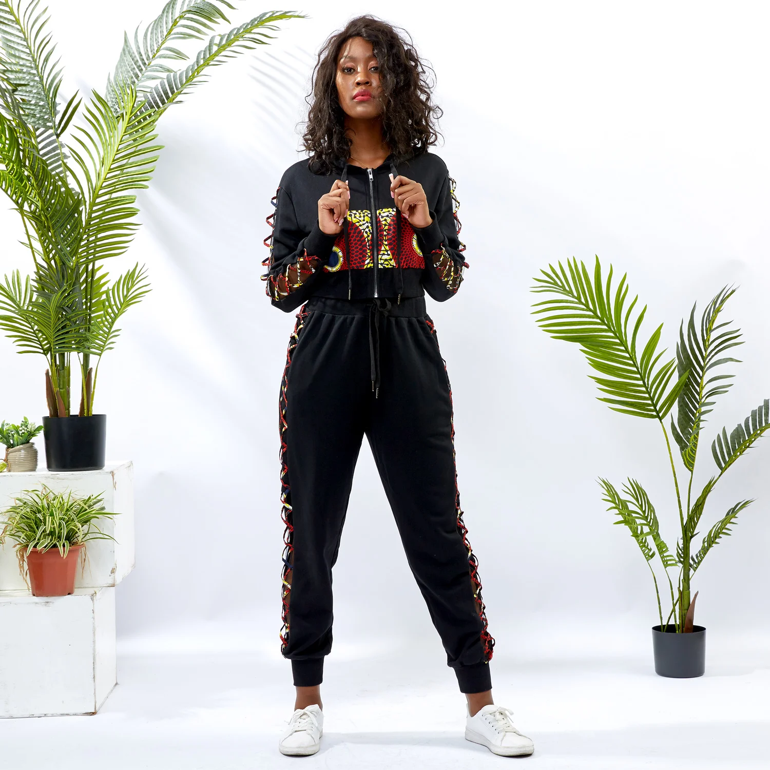 

Wholesale women casual long sleeve top and pants 2 piece clothing set African clothing sexy crop top, As pictures