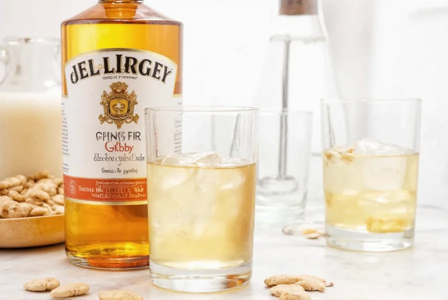 Ginger root and ginger schnapps bottle on wooden surface