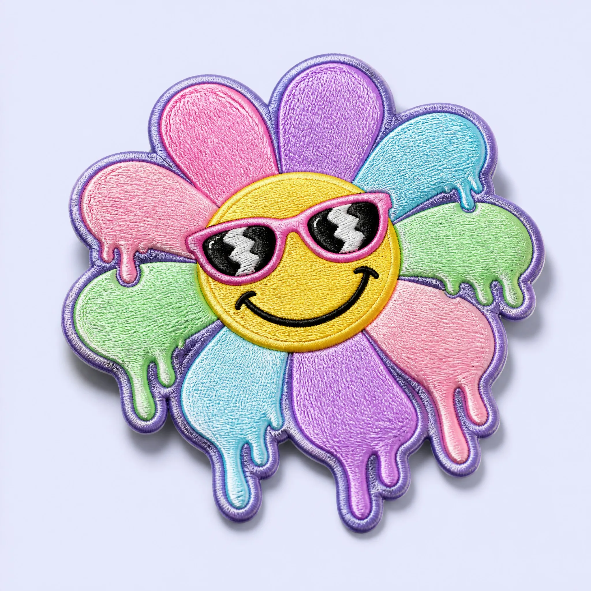 Trippy Melting Rainbow Sunflower Embroidered Patch Wearing Pink Sunglasses with Starburst Lightning Lenses and Dripping Slime Drops
