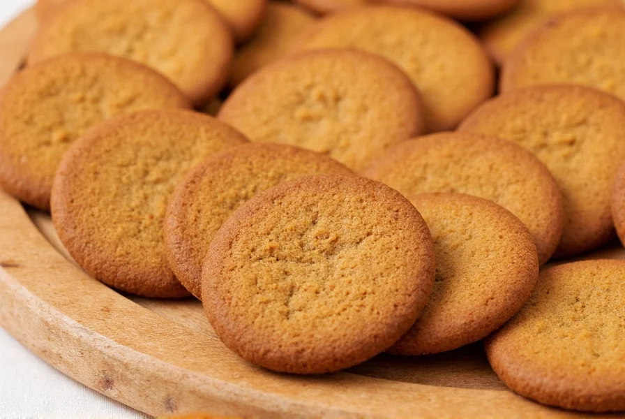 Close-up of golden brown ginger snaps cookies arranged in circular pattern on wooden board