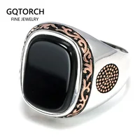 

Real Pure 925 Sterling Silver Jewelry Mens Retro Vintage Turkey Ring For Men With Natural Black Agate Stones