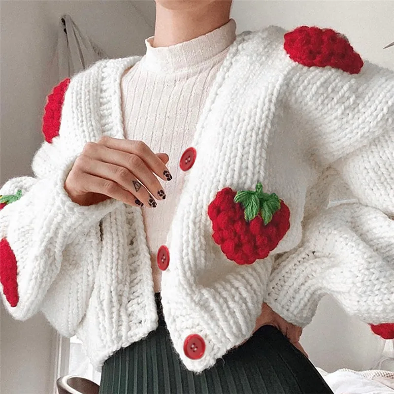 Winter 2021 Women Fashion Knitwear Y2K Oversized Crop Top Strawberry Sweater Lantern Sleeve Cardigan Ladies Sweater Cardigan