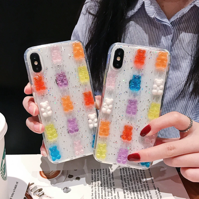 

Cute 3D Gummy Bear candy Glitter soft phone Cases For iPhone X XR XS MAX 7 8 6S plus cover for samsung galaxy S8 S9 S10 Note