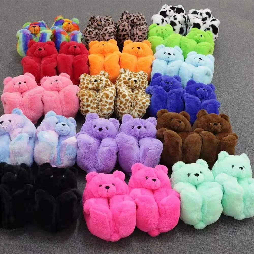 

The Latest Design Fashion Warm Faux Fur Plush Fluffy Indoor House Teddy Bear Slippers for Women, Customized color