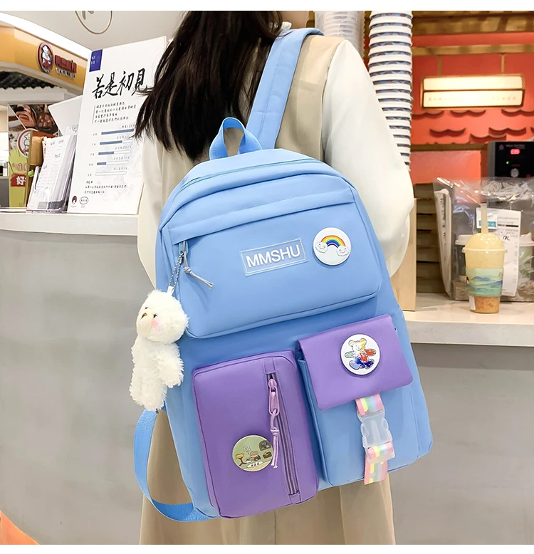 

Wholesale Fashion Girl Multi-Pocket Nylon Wear-Resistant Exquisite Five-Piece School Bag, Customized color