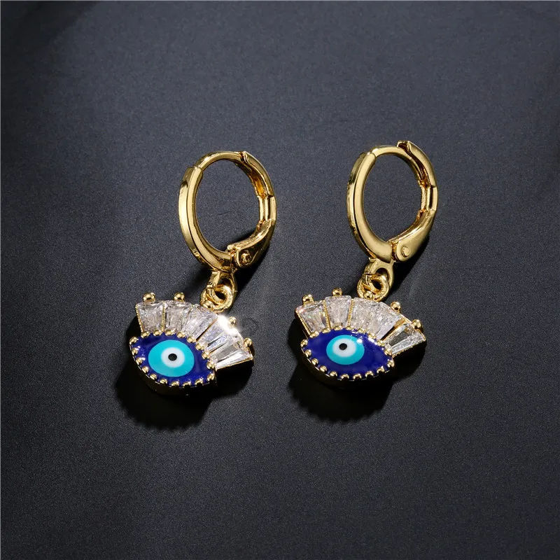 

European Luxury Cubic Zircon Evil Eyes Hoop Earrings Crystal Rhinestone Oil Drip Blue Eye Earrings For Women