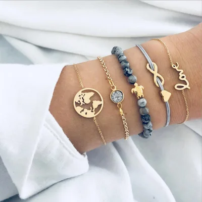 

Women Fashion Jewelry 5pcs Set Shiny CZ Natural Stone Beads Bracelets 14K Gold Plated Letter Love Heart Turtle Bracelets