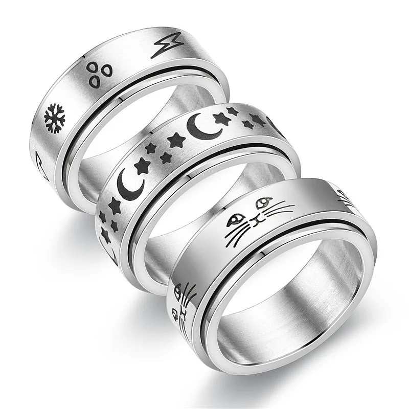 

Hot Selling Wholesale Fashion Titanium Steel Stainless Steel Ring Rotatable Star and Moon Rings for Men Women, Picture shows