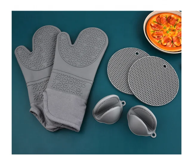 

Hot Silicone Mitts and Pot Holders 6-Piece Set Heavy Duty Cooking BBQ Mitts Table Trivet Mats