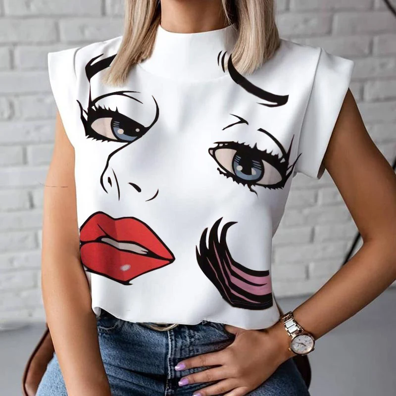 

Sleeveless Lip Print Loose Womens Tshirts Summer Stand Neck Streetwear Casual t shirts Lady 2020 Fashion White tshirt Female Top