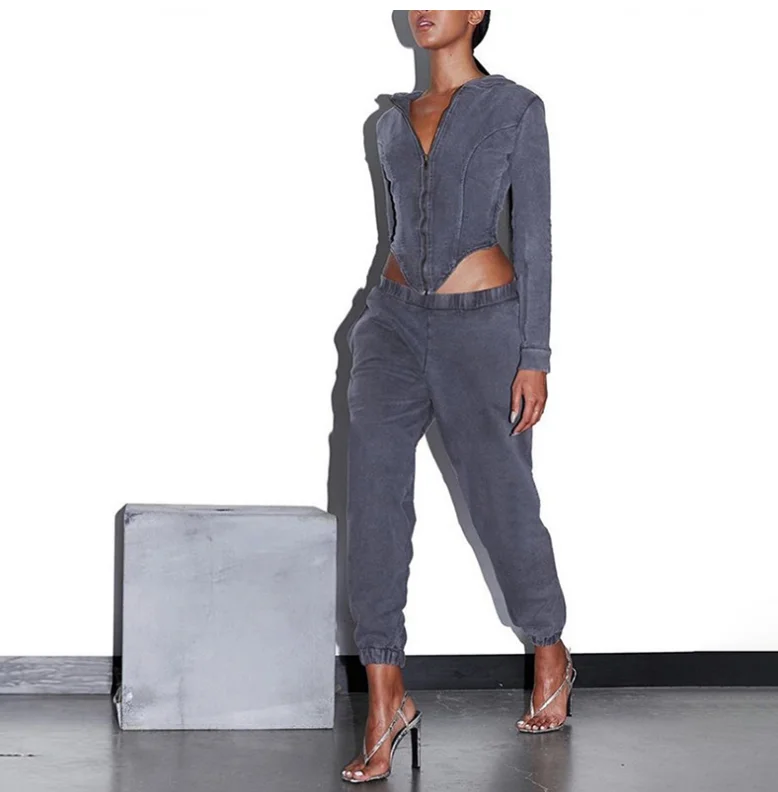 

Autumn And Winter New Women's Fashion Cardigan Hooded Coat High Waist Slim Pants Casual Two-piece Suit, Gray purple,deep green, army green