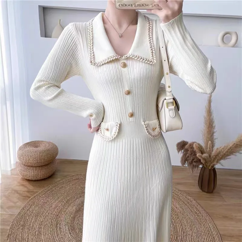 Boutique Wholesale 204 Autumn New Style French Fashion Long Sleeved Knitted Waist Slimming Women's Dress