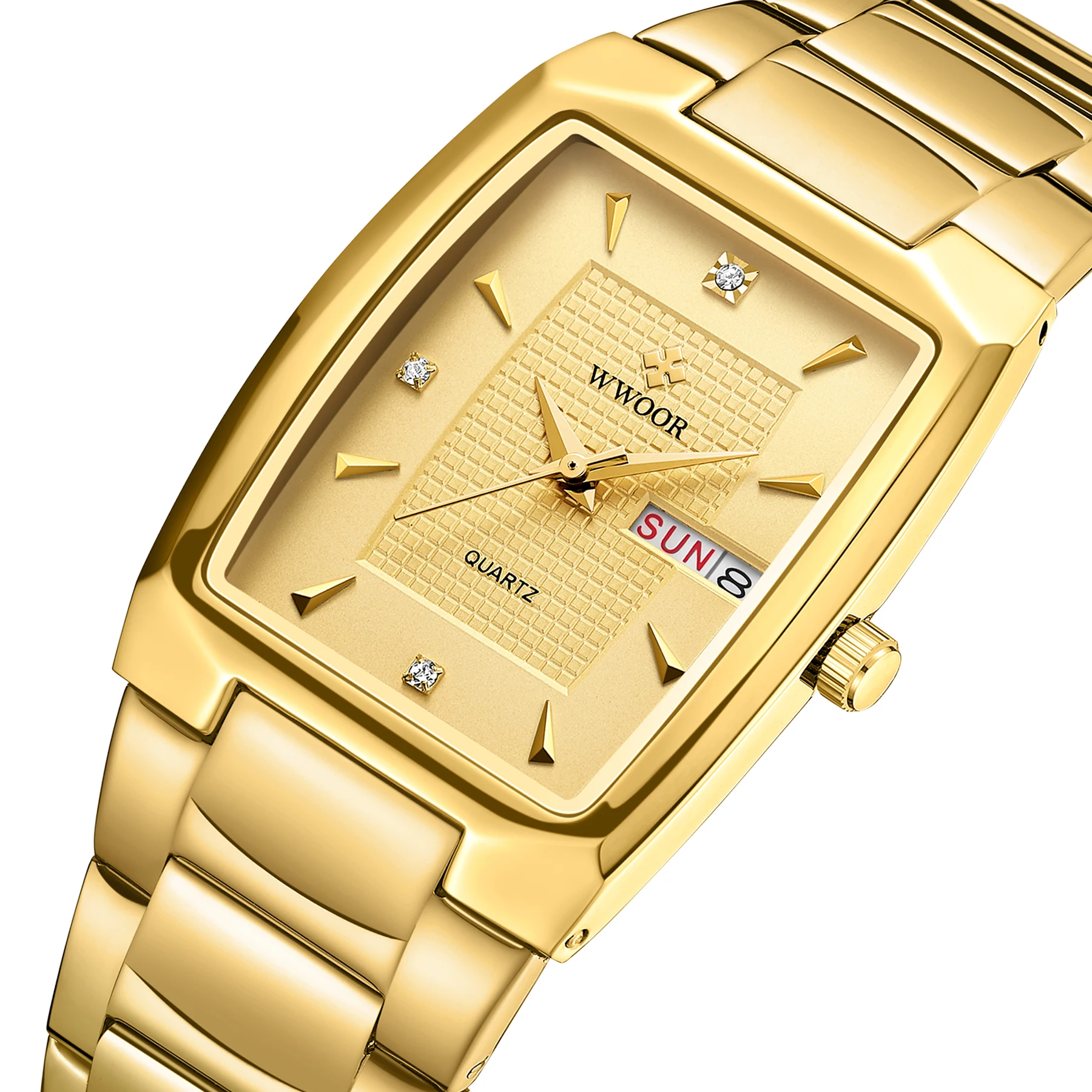

WWOOR High Quality Minimalist Square Waterproof Quartz Watch Stainless Steel Gold Watches Men Wrist Clock with Week Calendar, 8 color