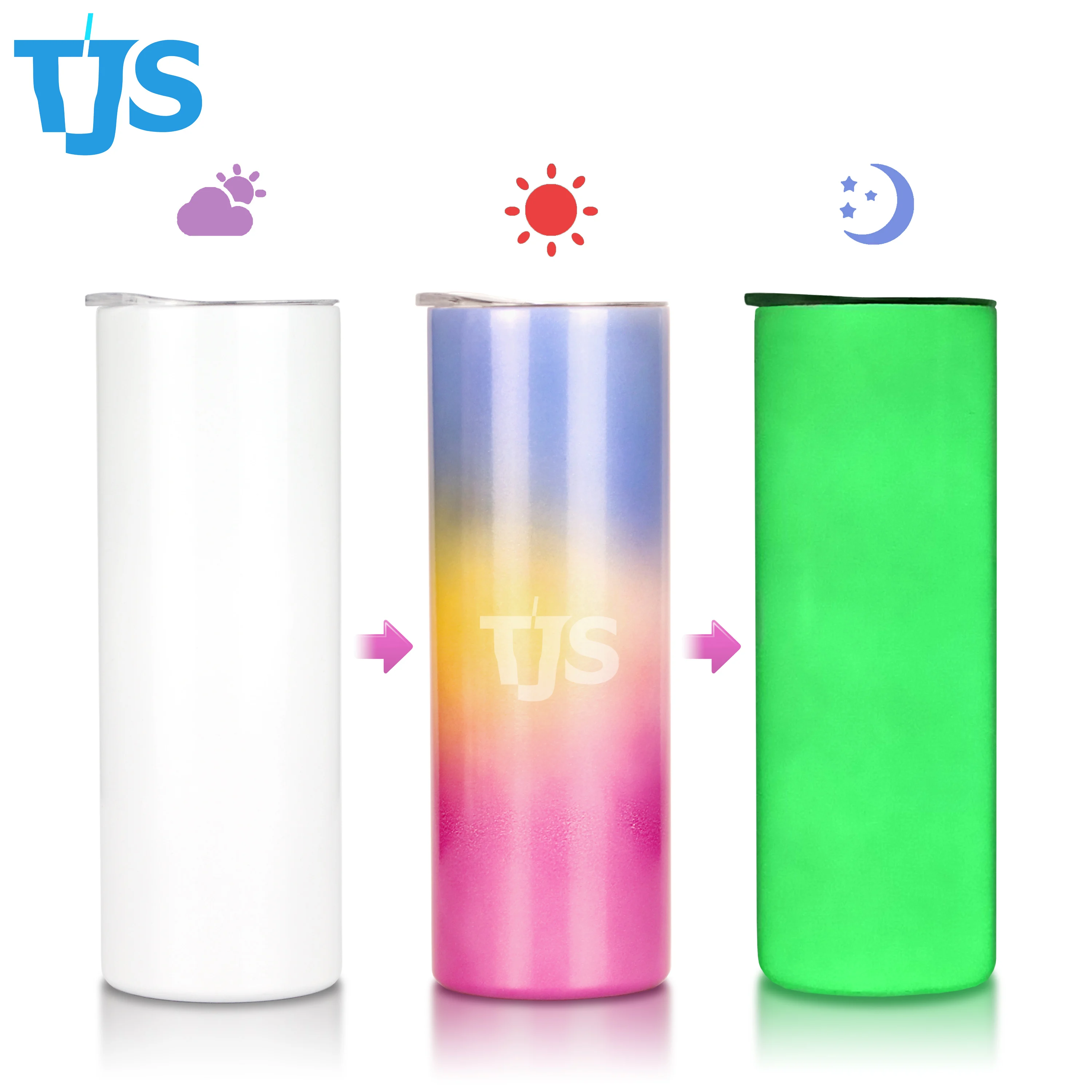 

TJS gradient 3 colors change uv glow in the dark 20 ounce skinny sublimation tumbler double walled insulated