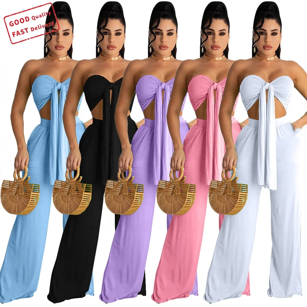 

GQ2663 hot sale trendy two piece set breast wrap wide leg pants sexy two piece sets women clothing elegant two piece set, Picture