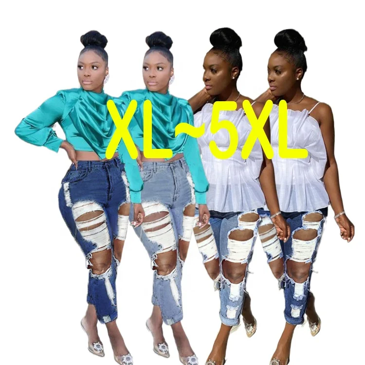 

Wholesale Plus Size High Waisted Streetwear Custom Damaged Destroyed Woms Women'S Wide Leg Baggy Jeans For Women